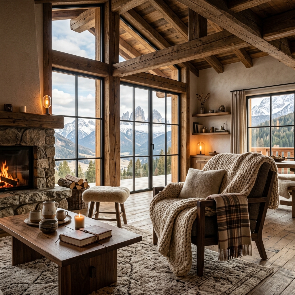 Chalet di montagna con plaid e vista panoramica sulle Alpi