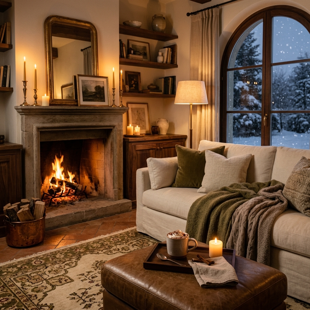 Serata invernale con coperta calda e candele accese